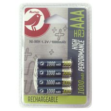 AUCHAN Piles AAA/HR3 rechargeables 1.2v 1000mah x4 4 pièces