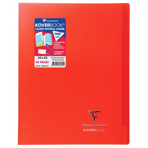 Cahier piqué polypro Koverbook 24x32cm 48 pages petits carreaux 5x5 rouge transparent