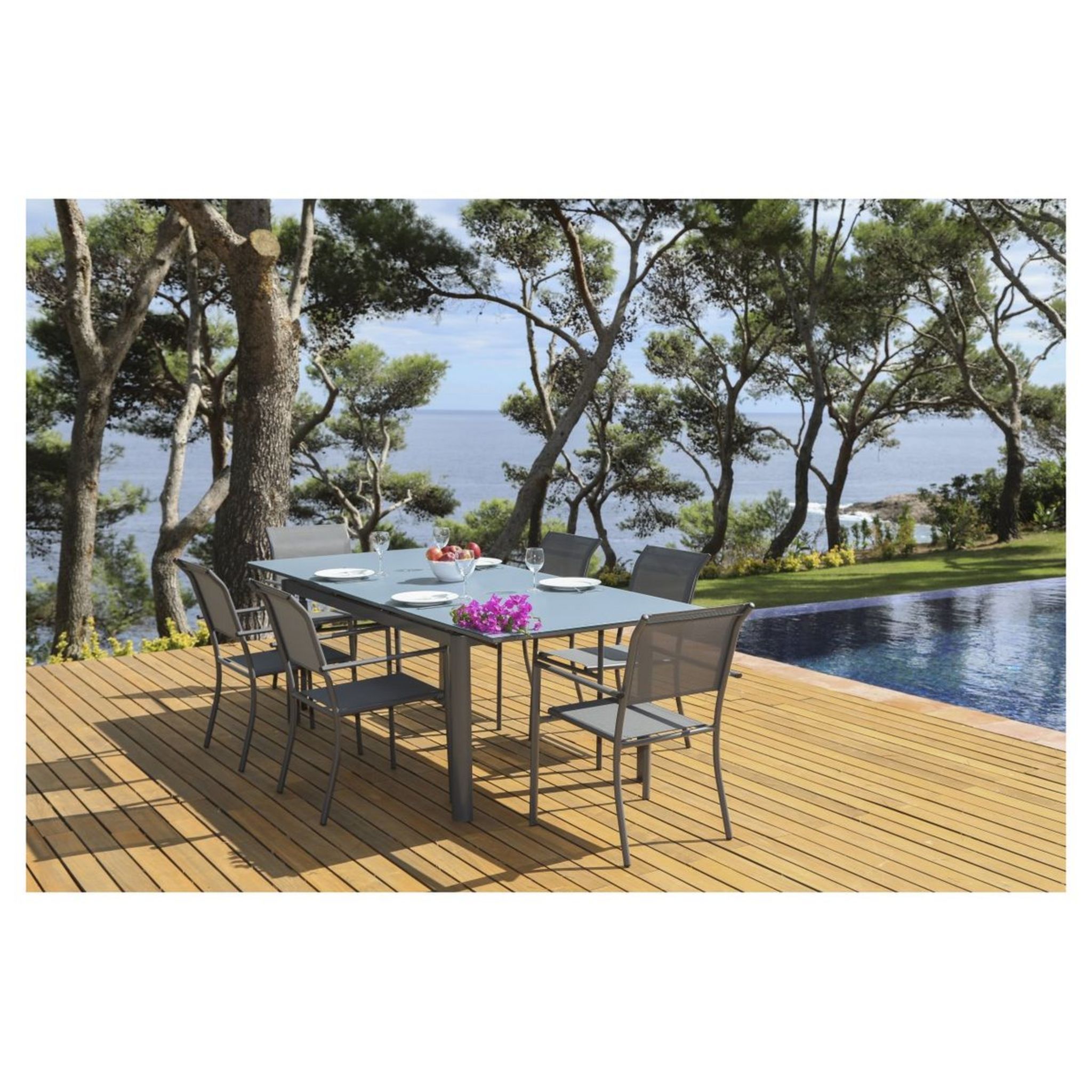 Table de jardin extensible en résine taupe 8 places LIPARI 2 pas