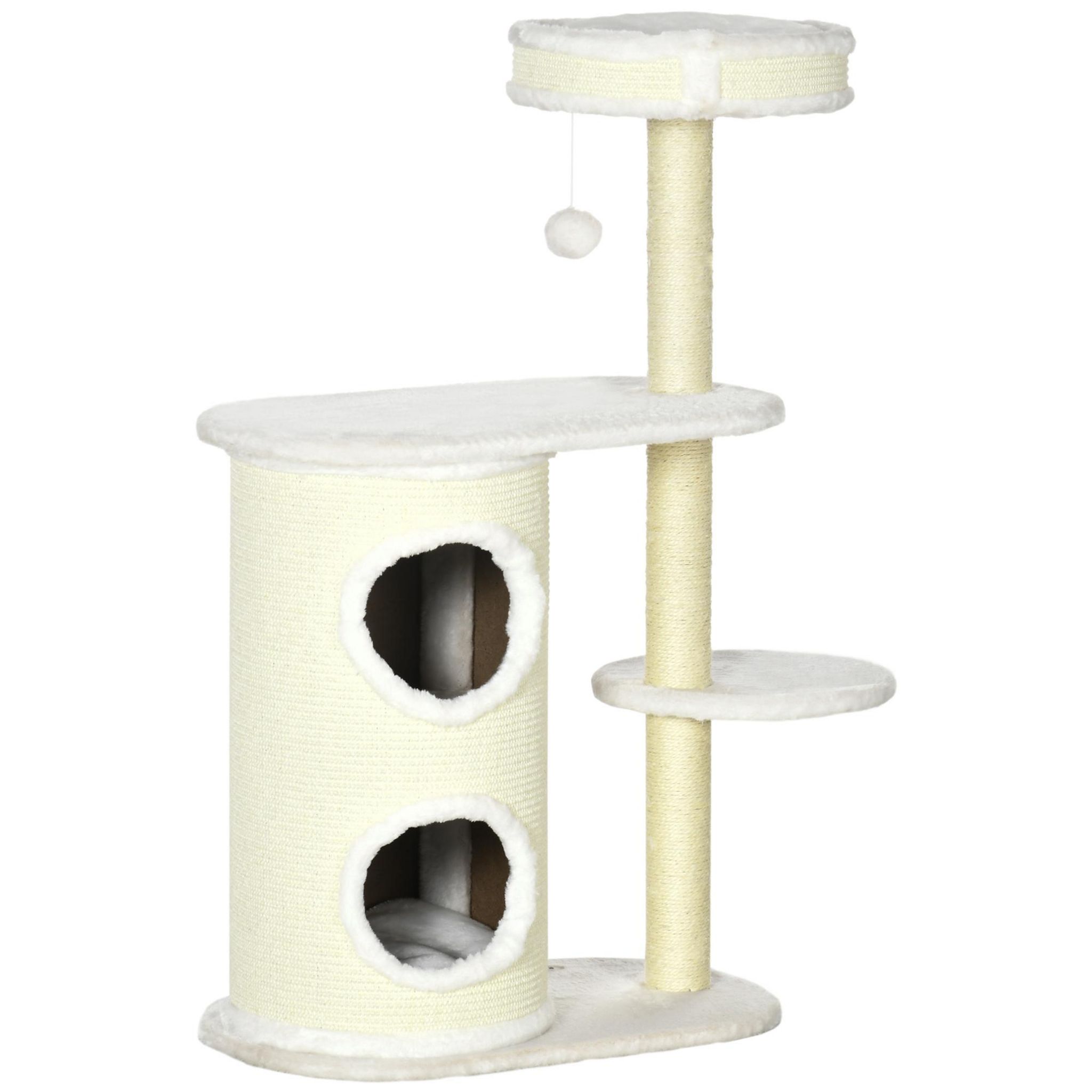 PAWHUT Arbre à chat style cosy chic griffoirs sisal naturel niche 2 paniers  avec coussins plateforme 2 boules suspendues quenouille peluche courte