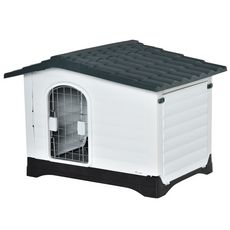 Niche chien style cottage dim. 91L x 69l x 66H cm petite porte grillagée + grande porte latérale verrouillable PP blanc gris noir
