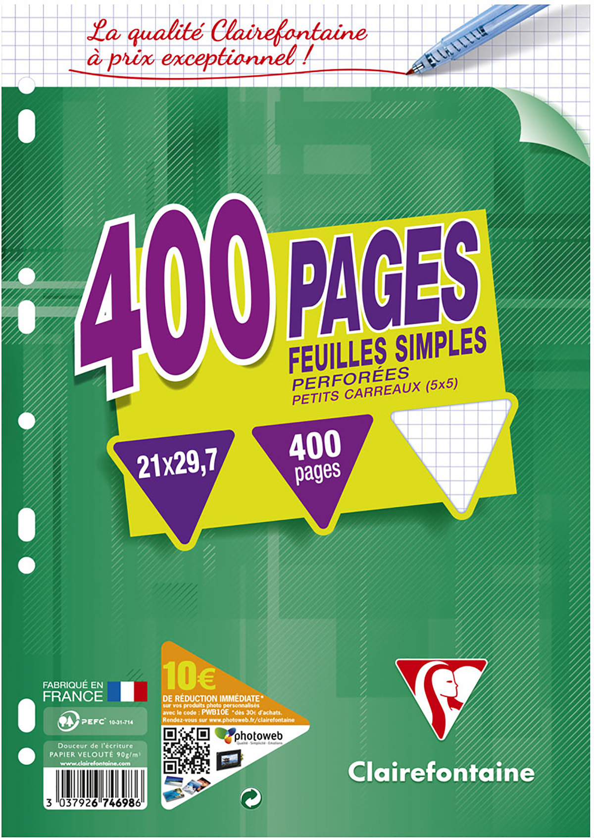 AUCHAN Lot de 200 feuilles simples 24x32cm petits carreaux perforées pas  cher 