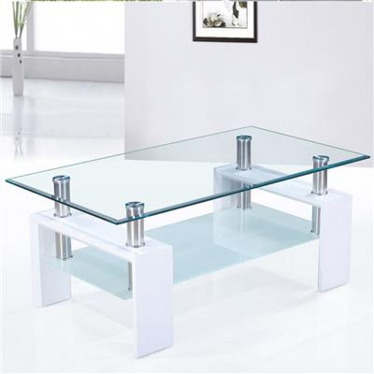 NOUVOMEUBLE Table basse blanche avec un plateau en verre ALINE