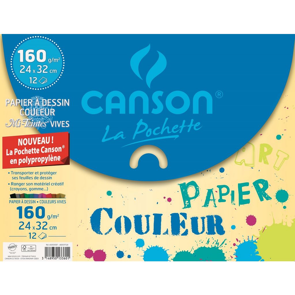 pochette 12 feuilles couleurs vives Canson 160g 24x32cm