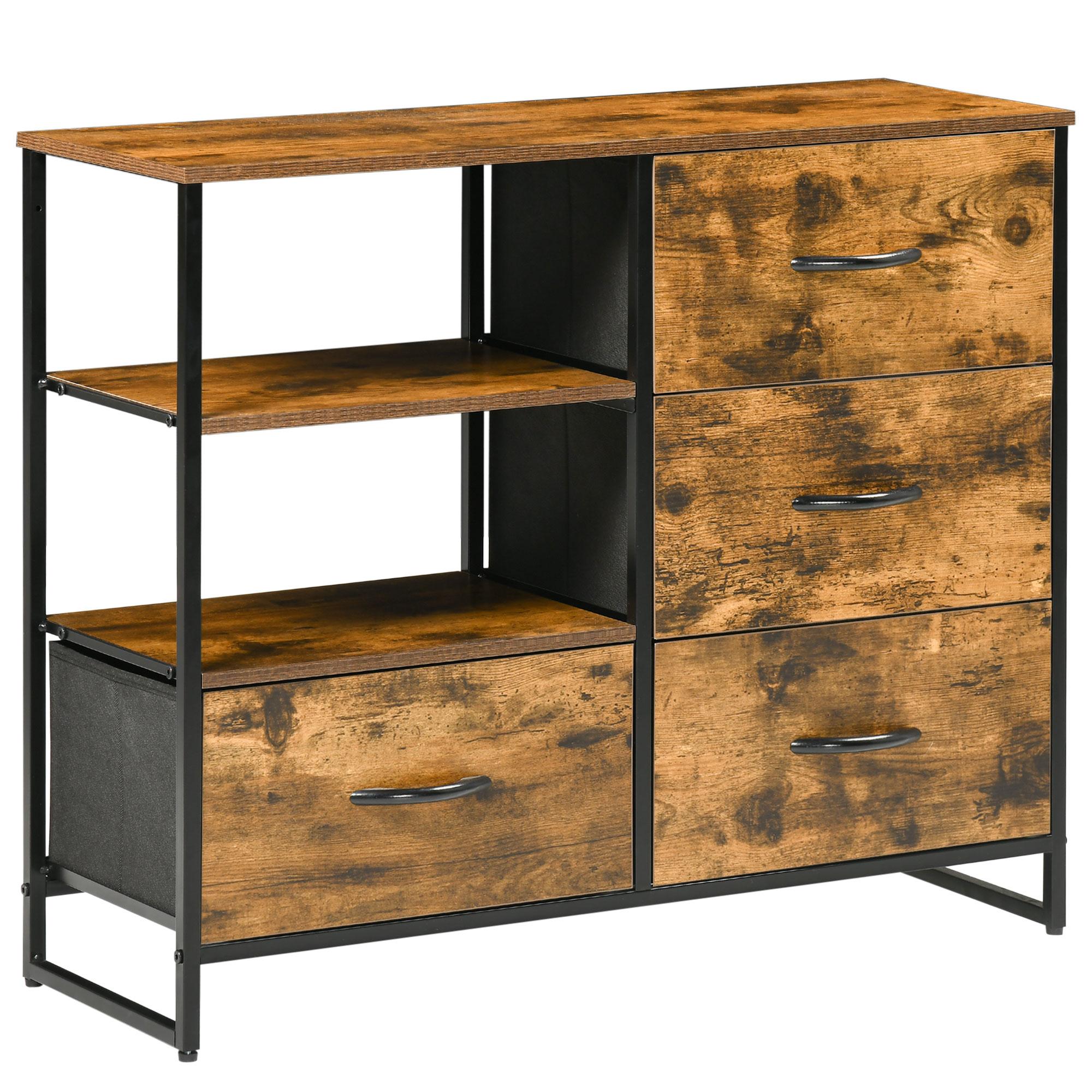 HOMCOM Buffet haut design industriel multi-rangement - 3 portes avec  étagère, tiroir, niche, grand plateau - piètement métal noir aspect chêne  clair pas cher 