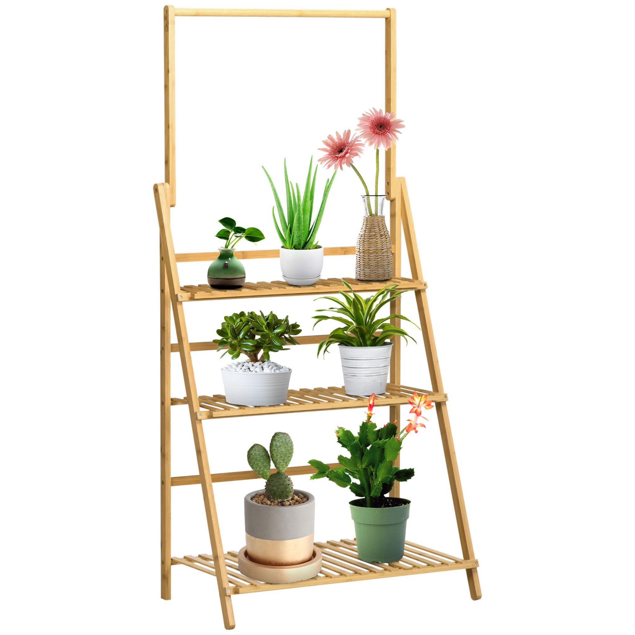 HOMCOM Étagère à plantes pliable support support à fleurs - 3 étagères,  barre de suspension - bois bambou verni pas cher 