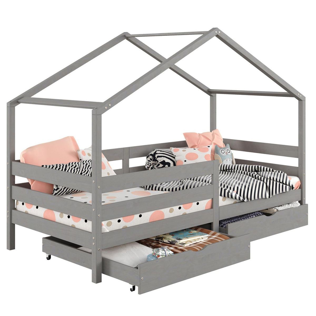 IDIMEX Lit cabane ENA lit enfant simple 90 x 200 cm, avec 2 tiroirs de rangement, en pin massif lasuré gris