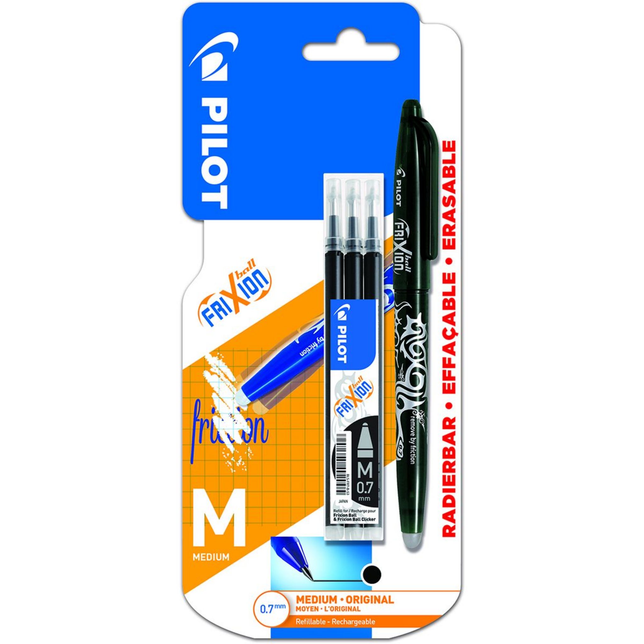 PILOT Lot 1 stylo roller effaçable rechargeable pointe moyenne FriXion Ball  noir + 3 recharges effaçables noires FriXion Ball pas cher 