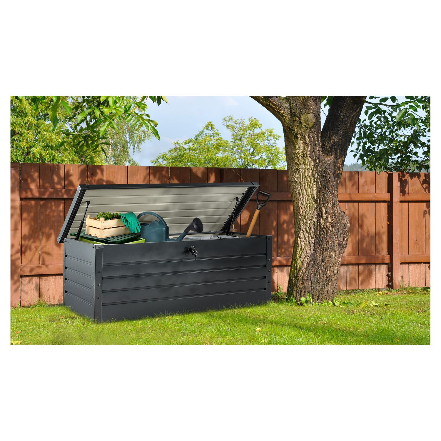 Habitat et Jardin Coffre de jardin métal - 400L - 132 x 61 x 62 cm -  Anthracite pas cher 