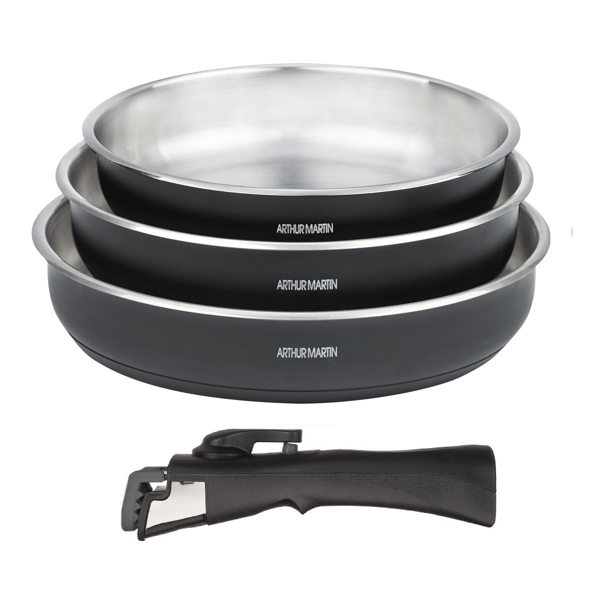 Arthur Martin Set amovible 3 poêles inox 20, 24 et 26 cm + 1 poignée - Noir  mat pas cher 