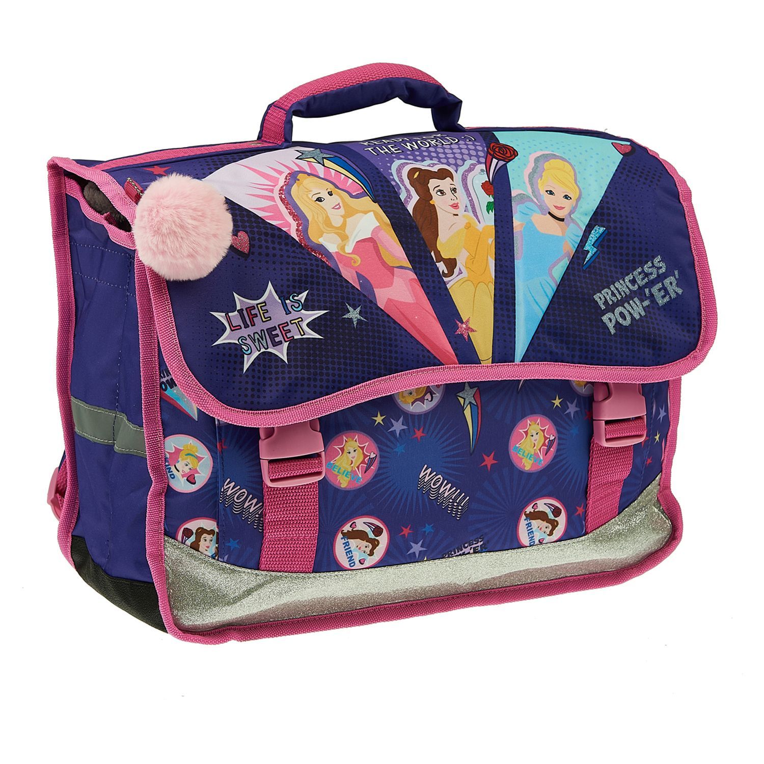 AUCHAN Cartable 38 cm avec pompon polyester violet PRINCESSES DISNEY pas cher Auchan