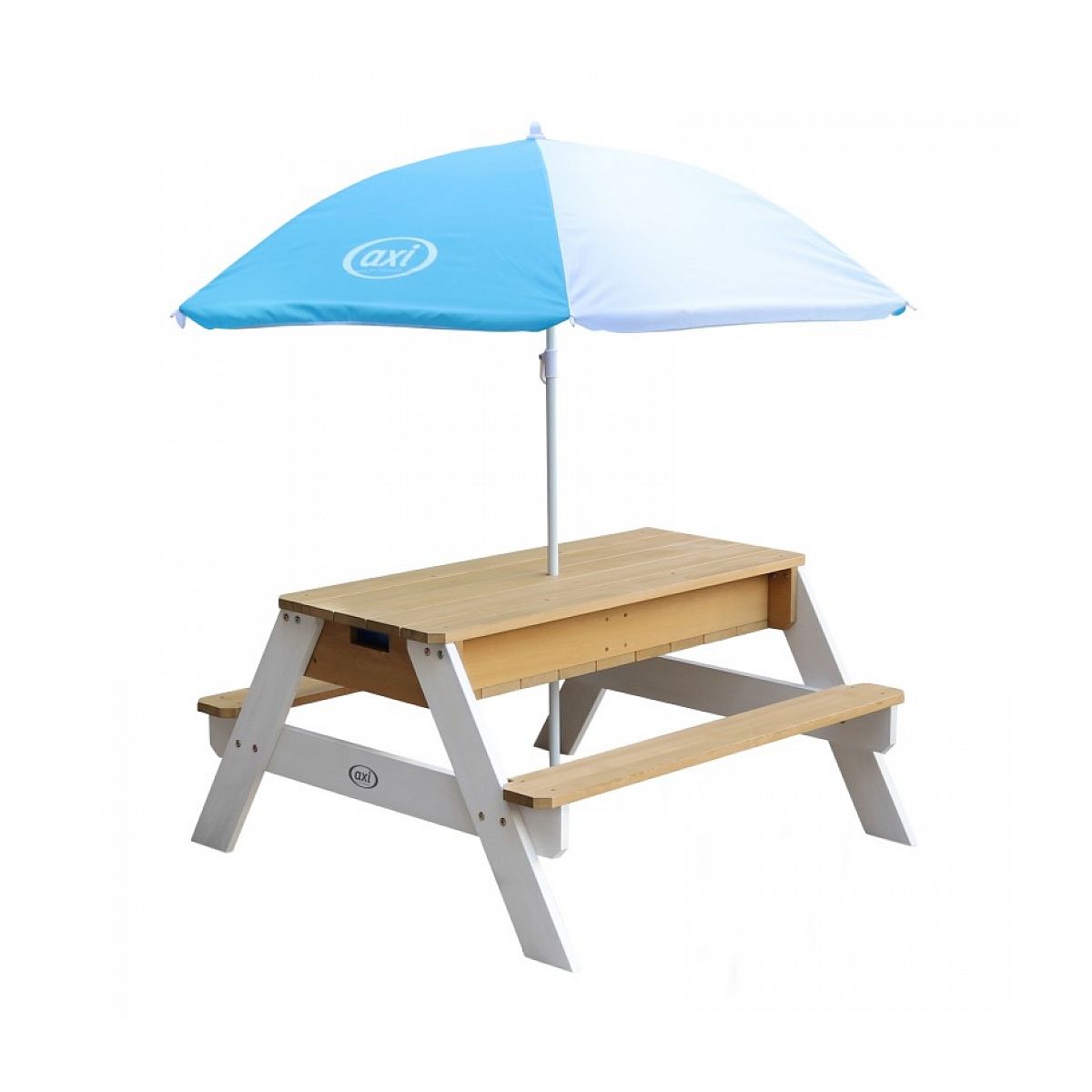 Axi House AXI Table sable et eau NICK Brun Blanc avec parasol Bleu Blanc 90x80x56cm