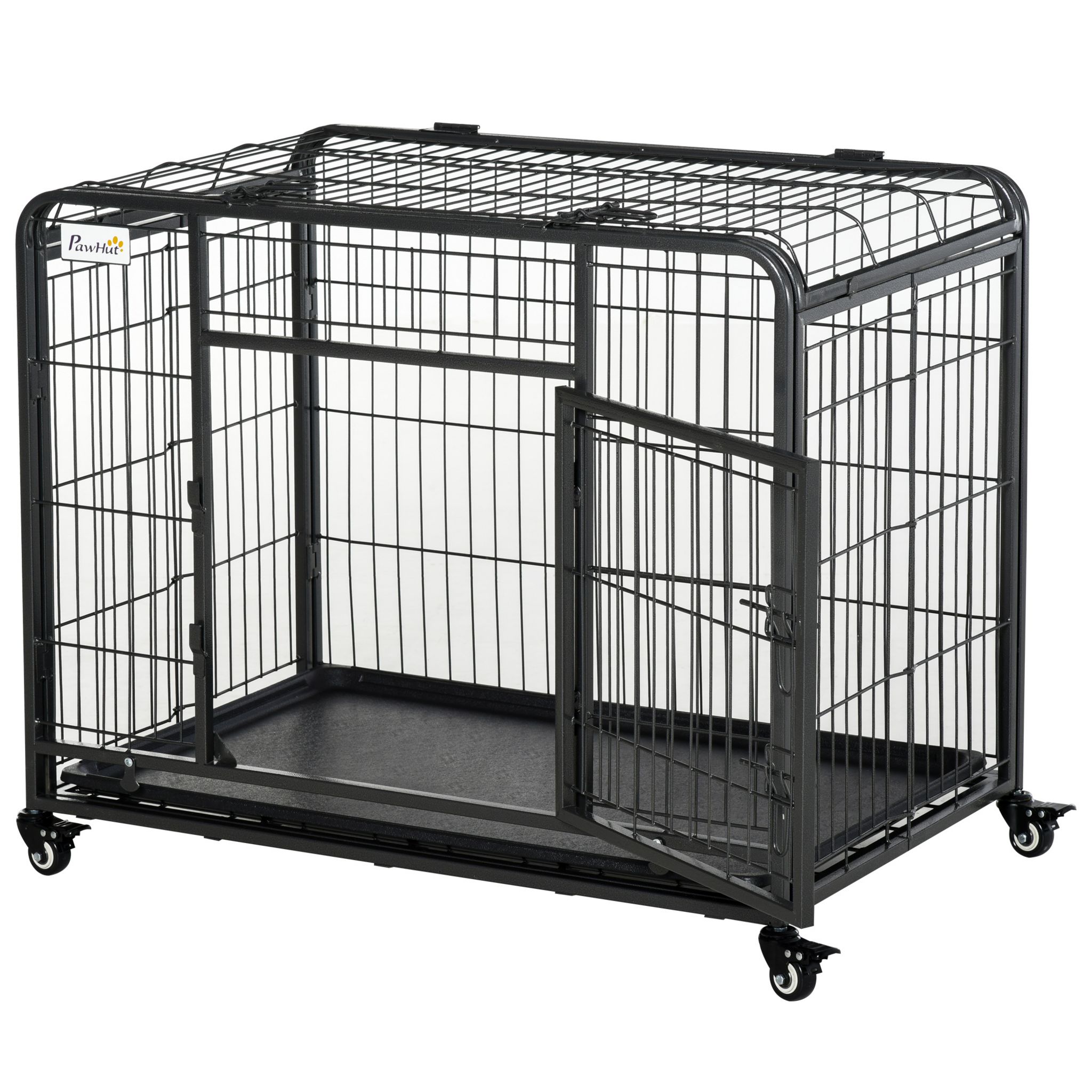 Cage pour chien animaux sur roulettes pliable 3 portes plateau acier noir  noir Pawhut