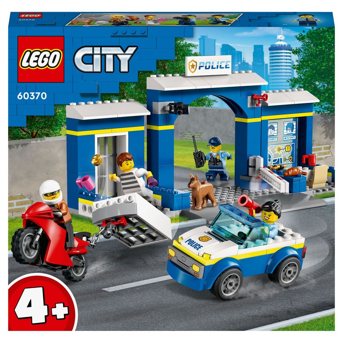 LEGO City 60370 La course poursuite au poste de police, Voiture Jouet et Moto, Prison, 4 Minifigurines et Figurine de Chien, Évasion Prison