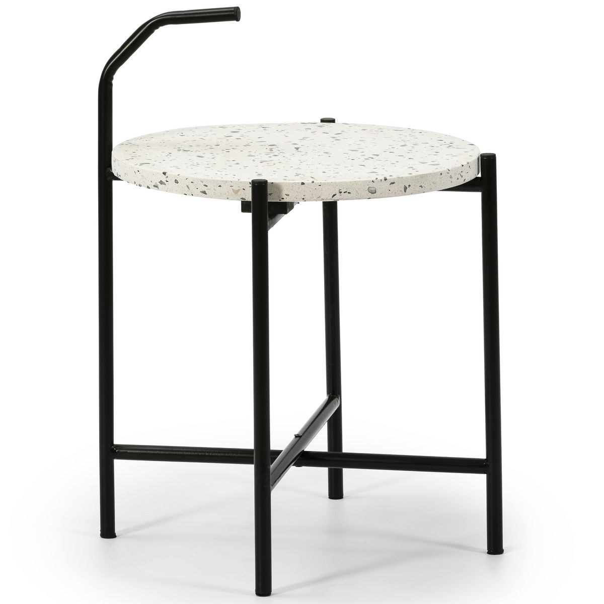 VS VENTA-STOCK Table auxiliaire Yala avec Plateau en terrazzo Blanc et Pieds métalliques en Noir Mat