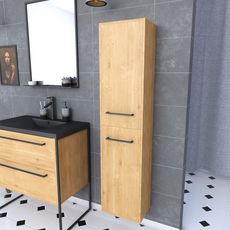 Colonne de salle de bain chêne brun 30x35x150 cm avec 2 portes chêne brun et poignées noir mat