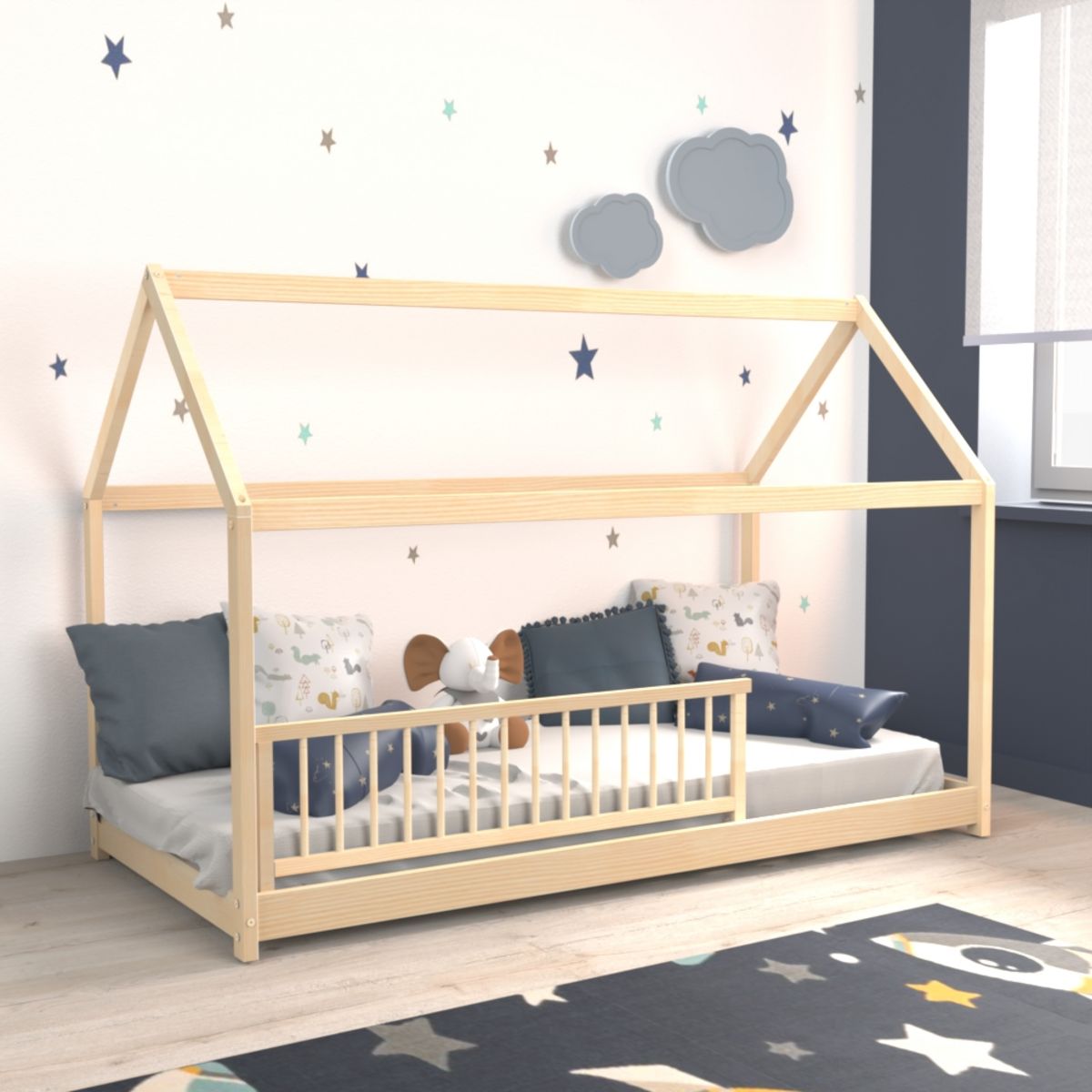 Lit cabane enfant en bois massif 90 x 190 cm avec sommier + barrière de lit  LOUIS