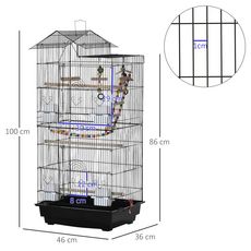 Cage à oiseaux volière dim. 46L x 36l x 100H cm - 4 mangeoires, 3 perchoirs, balançoire, 2 portes, 9 trappes, échelle, 2 jouets suspendus, plateau déjection - PP acier noir