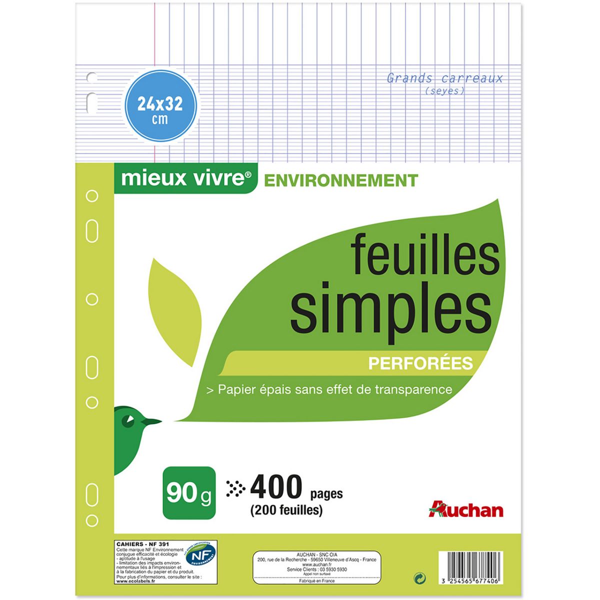 AUCHAN Lot de 200 feuilles simples 24x32cm grands carreaux Seyes perforées  pas cher 