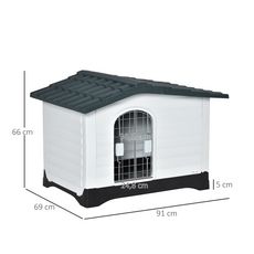 Niche chien style cottage dim. 91L x 69l x 66H cm petite porte grillagée + grande porte latérale verrouillable PP blanc gris noir