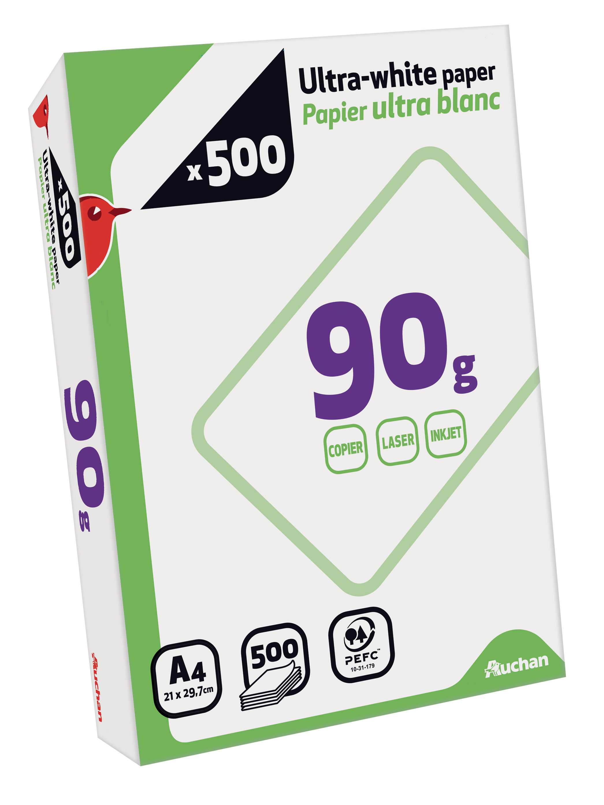 AUCHAN Ramette de papier ultra blanc 500 feuilles A4 – 90g