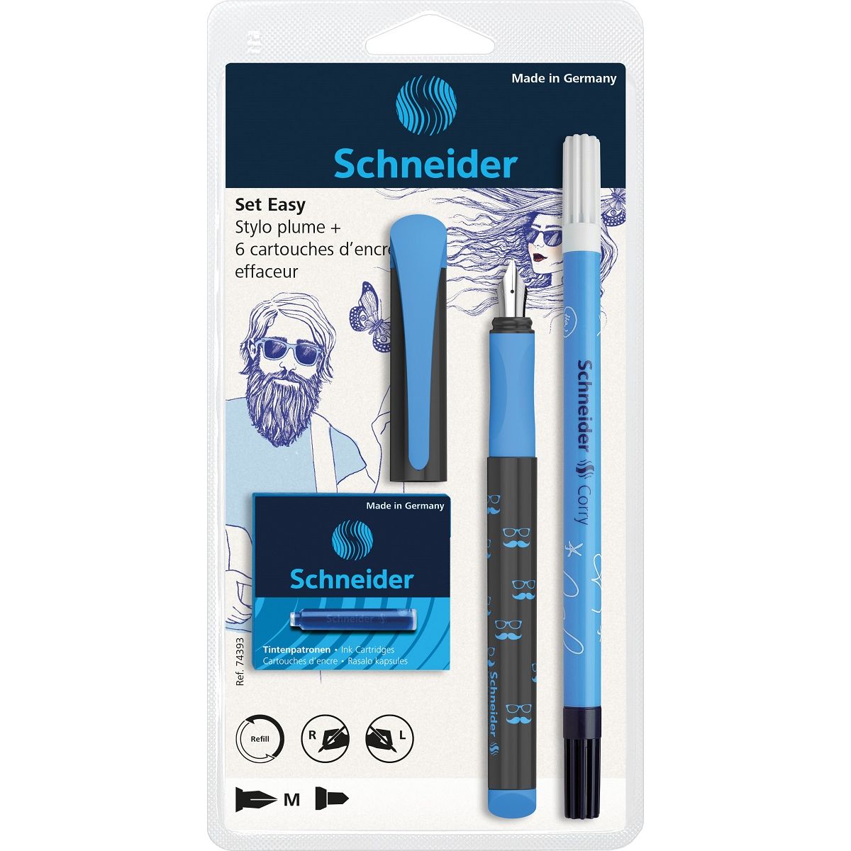 SCHNEIDER Stylo plume enfant Easy Bleu + 1 effaceur + 6 cartouches pas cher  