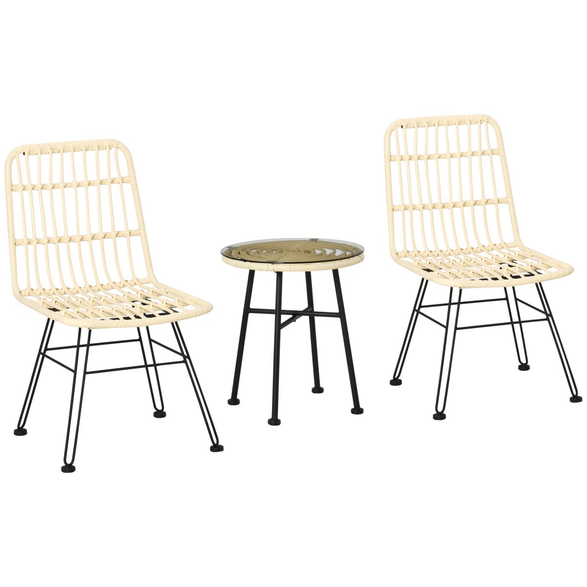 OUTSUNNY Ensemble bistro de jardin 2 places 3 pièces style exotique 2 chaises + table basse ronde métal époxy noir résine tressée beige