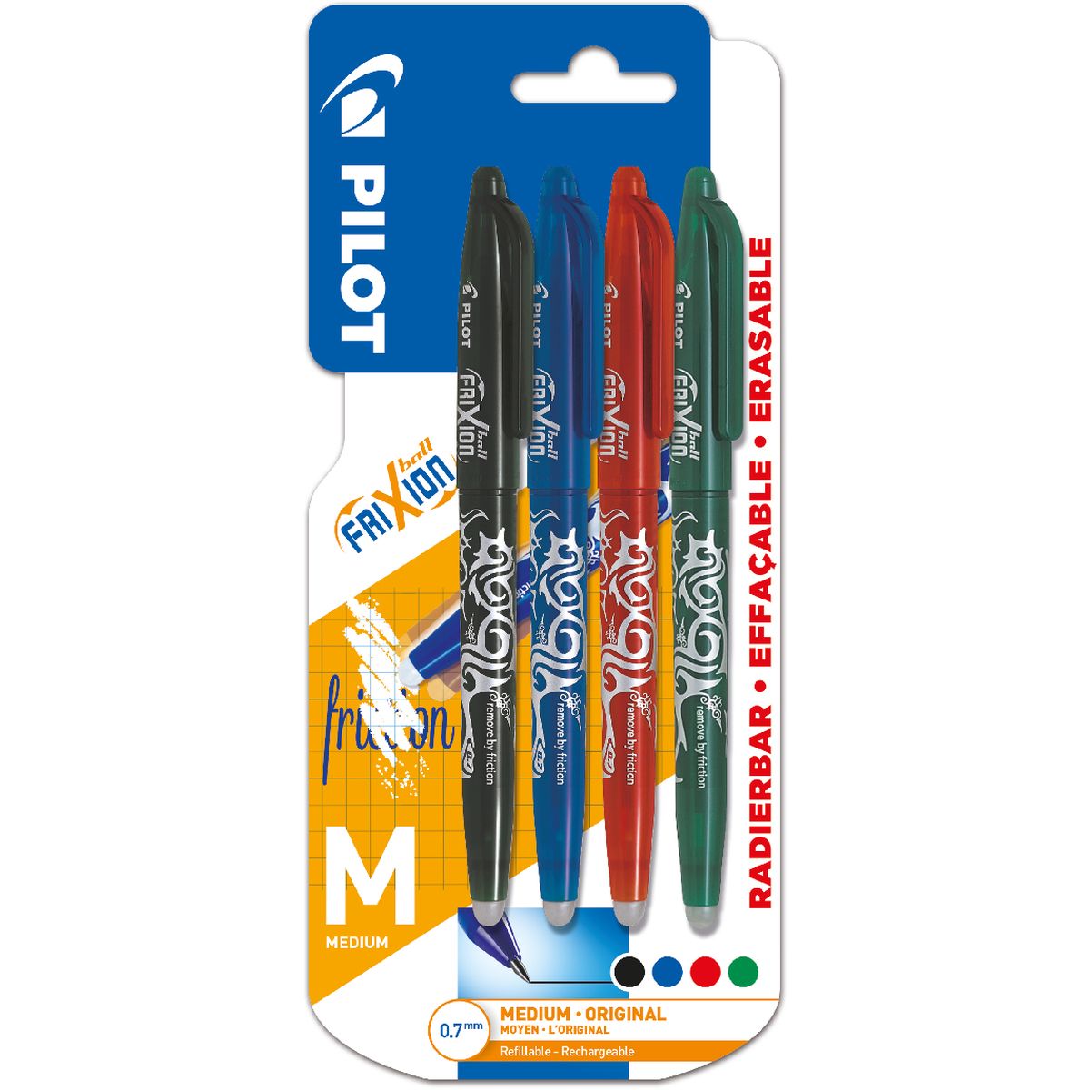 PILOT Lot de 7 stylos effaçables pointe moyenne noir/bleu/rouge