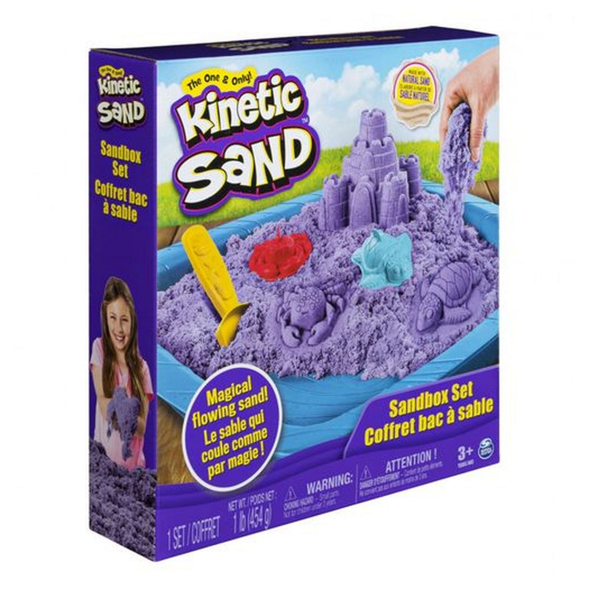 Kinetic Sand SABLE MAGIQUE - - COFFRET CHÂTEAU-BAC À SABLE 454 G + 4  ACCESSOIRES - Sable Cinétique et Coloré - Alternative Pâte