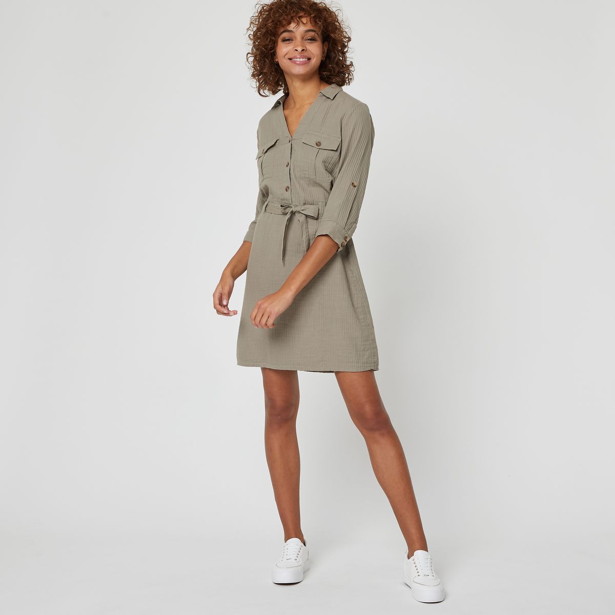 INEXTENSO Robe chemise ceinturée vert kaki femme pas cher - Auchan.fr