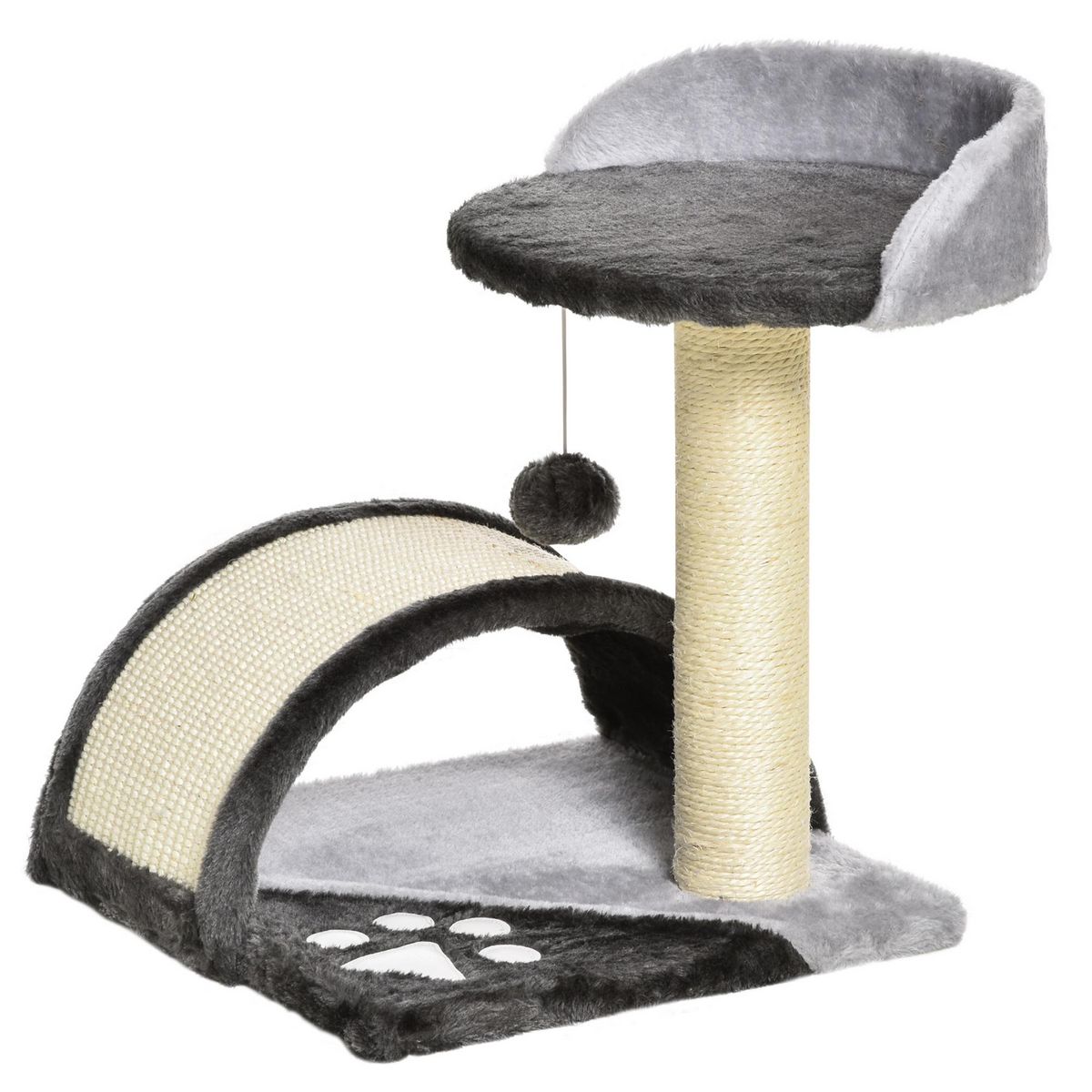 PAWHUT Arbre à chat griffoir grattoir design jeu boule suspendue + plateforme peluche sisal naturel gris