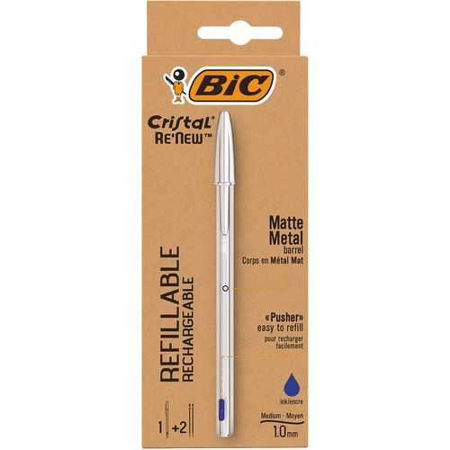 Lot de 1 stylo bille métal rechargeable pointe moyenne 1.0mm + 2 recharges CRISTAL RE NEW bleu