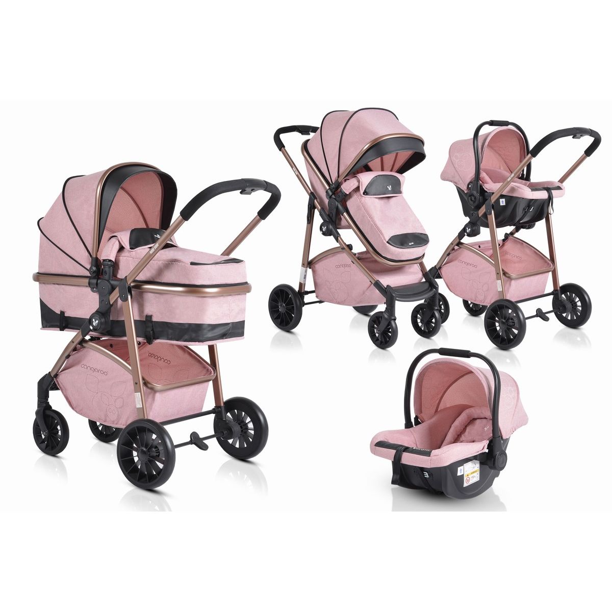 Cangaroo Poussette combinee trio 3 en 1 avec siege auto Milan 0m rose pas cher Auchan