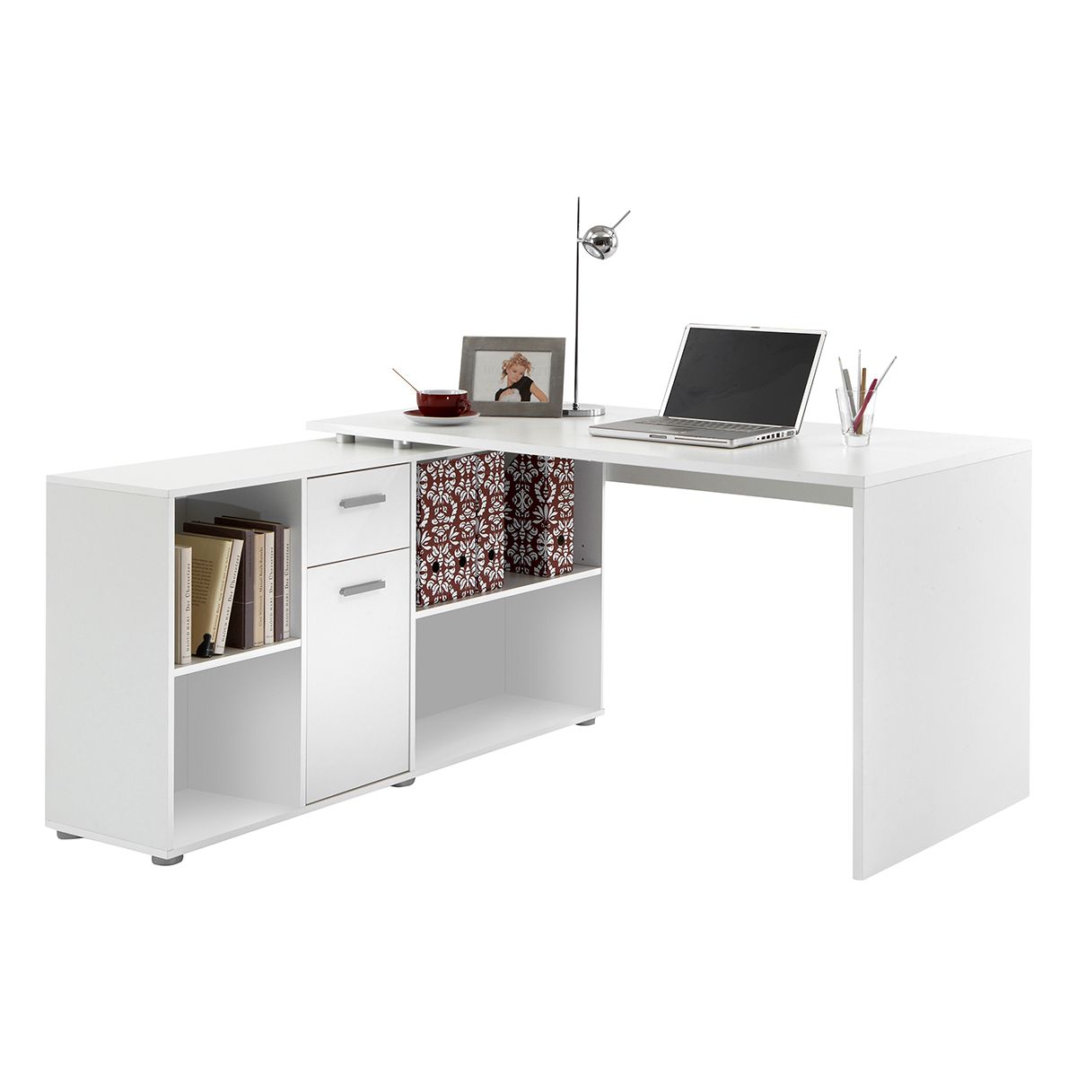 Bureau réversible droit ou d'angle avec rangements L136cm FLEX pas cher 