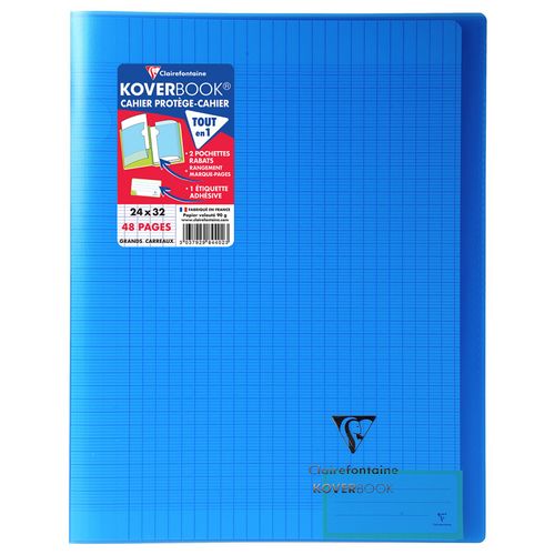 Cahier piqué polypro Koverbook 24x32cm 48 pages grands carreaux bleu transparent