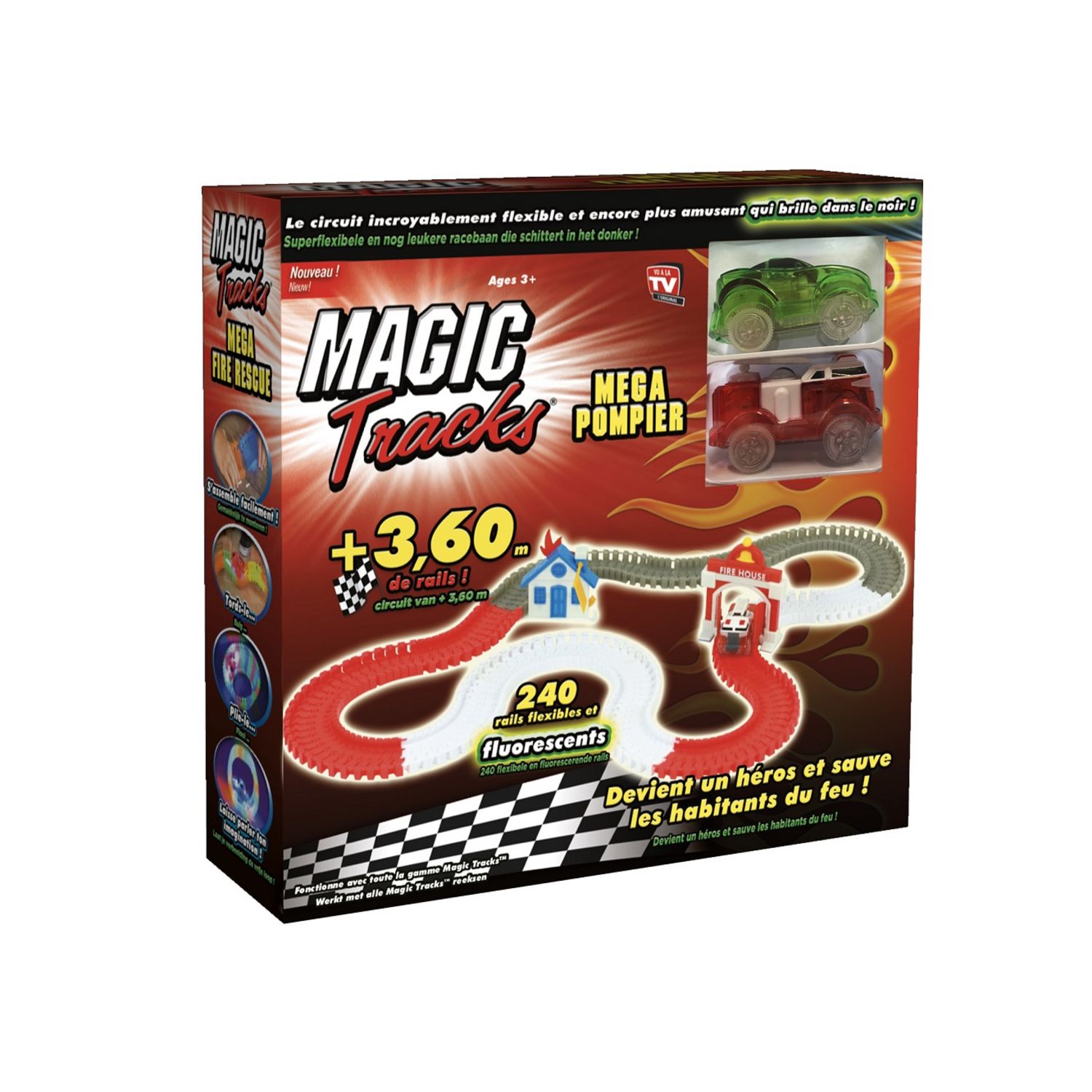 MAGIC TRACKS RC Magic tracks Set mega pompiers avec 2 voitures 200 rails fluorescents une planche d autocollants et un guide de montage pas cher Auchan