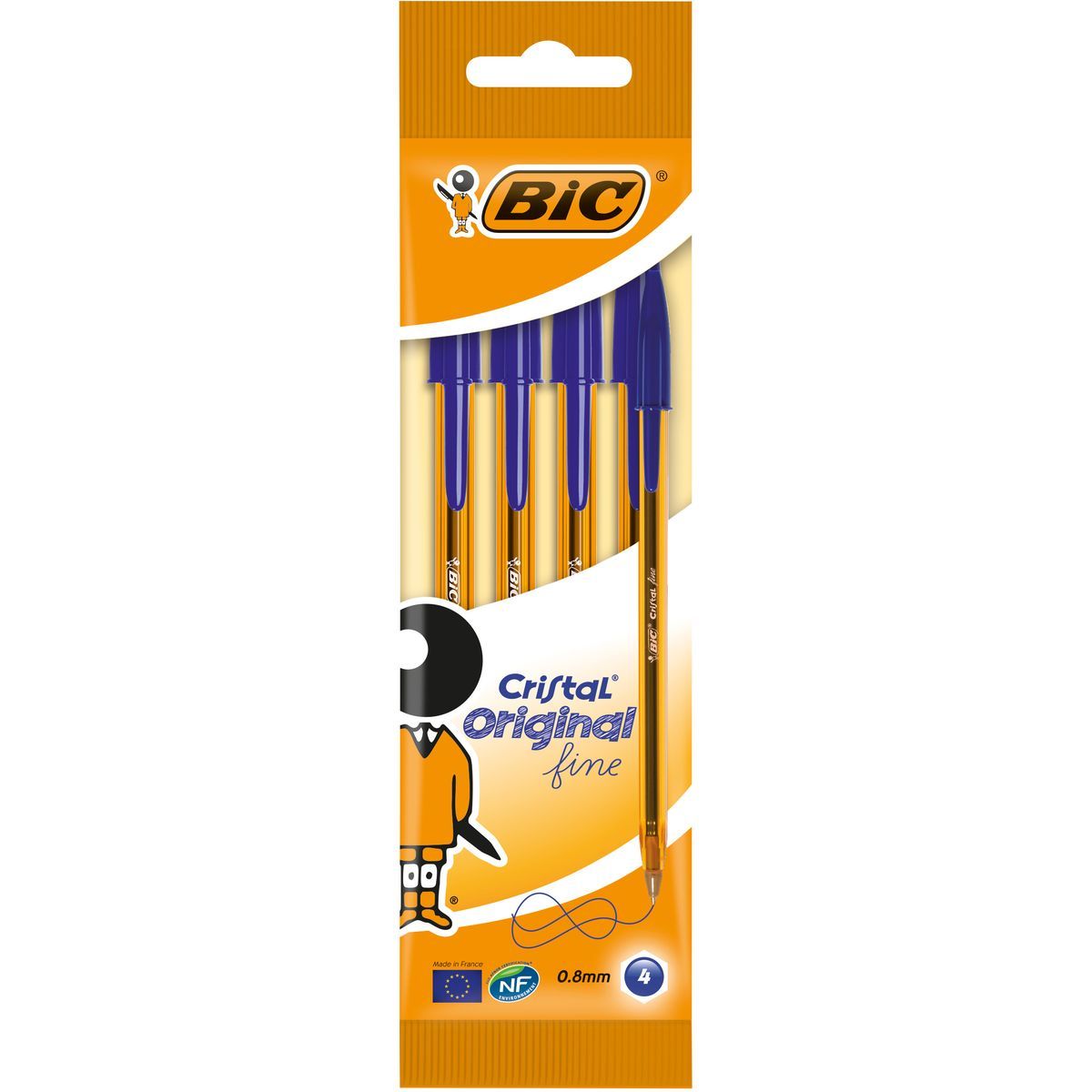 BIC Lot de 4 stylos bille pointe fine bleu CRISTAL ORIGINAL pas