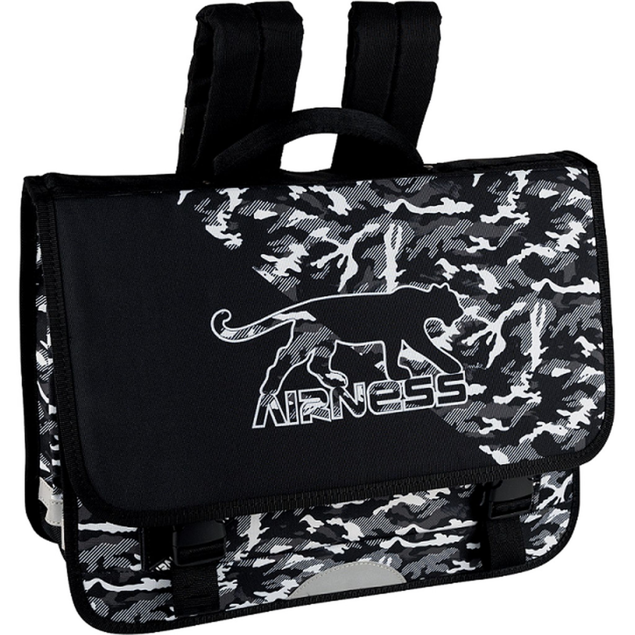 AIRNESS Cartable 41 cm CM1 CM2 noir et blanc motif camouflage pas