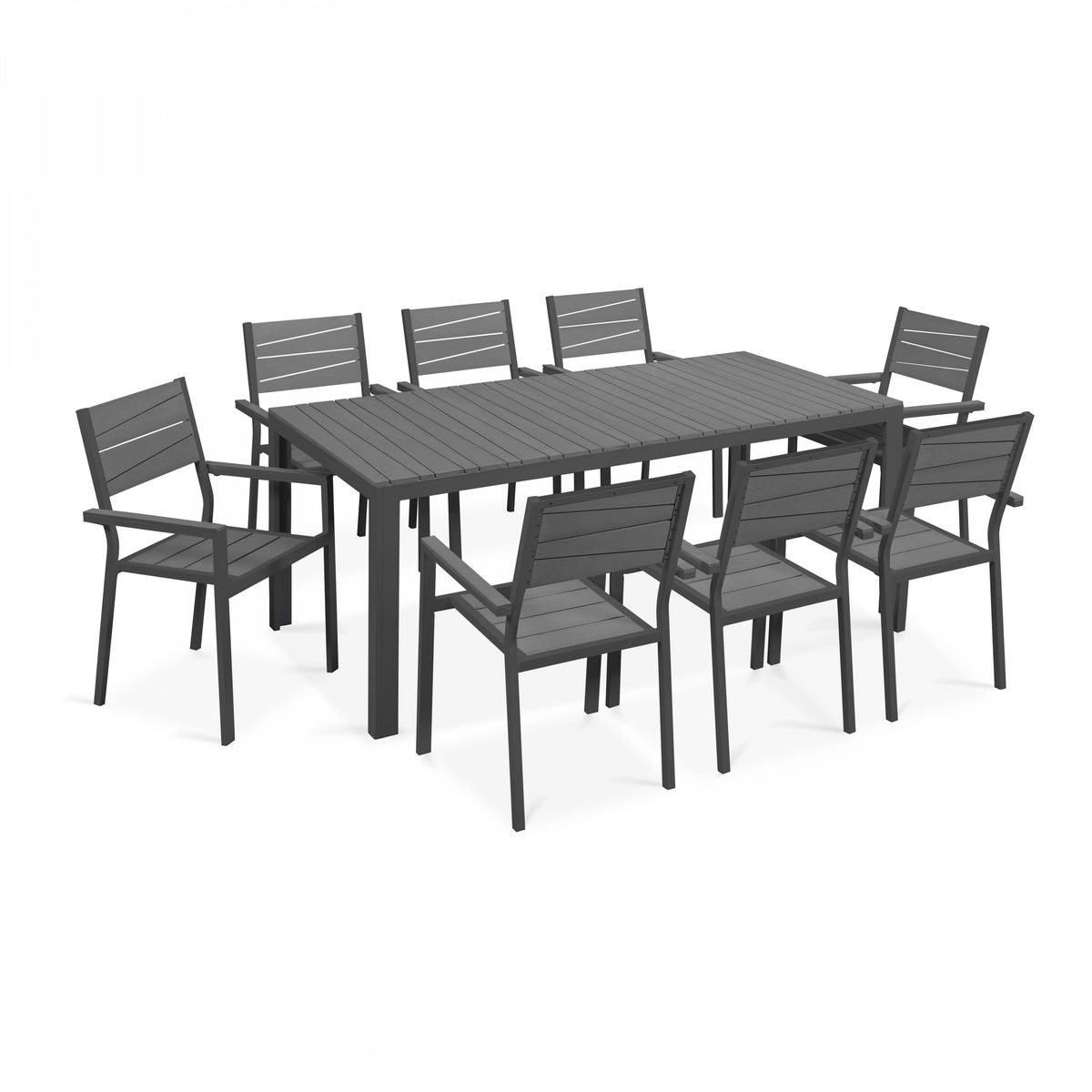 Table et chaises de jardin aluminium et polywood 8 places gris foncé