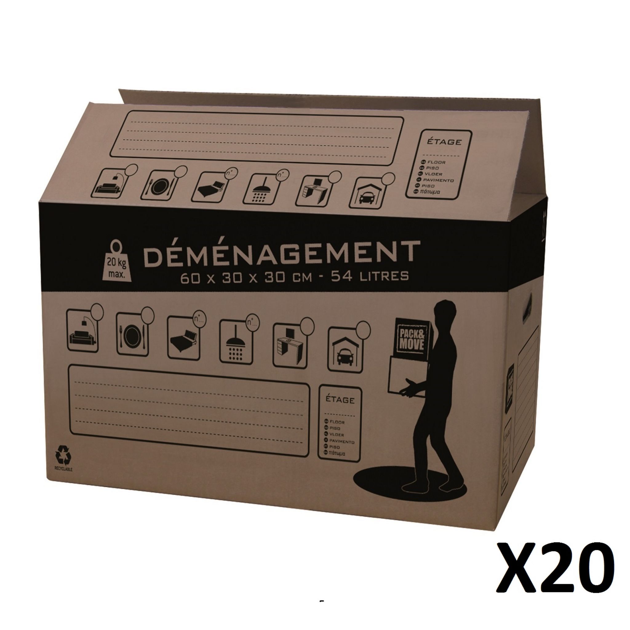 Lot de 20 cartons de déménagement 60 x 40 x 30 cm - 72L pas cher 