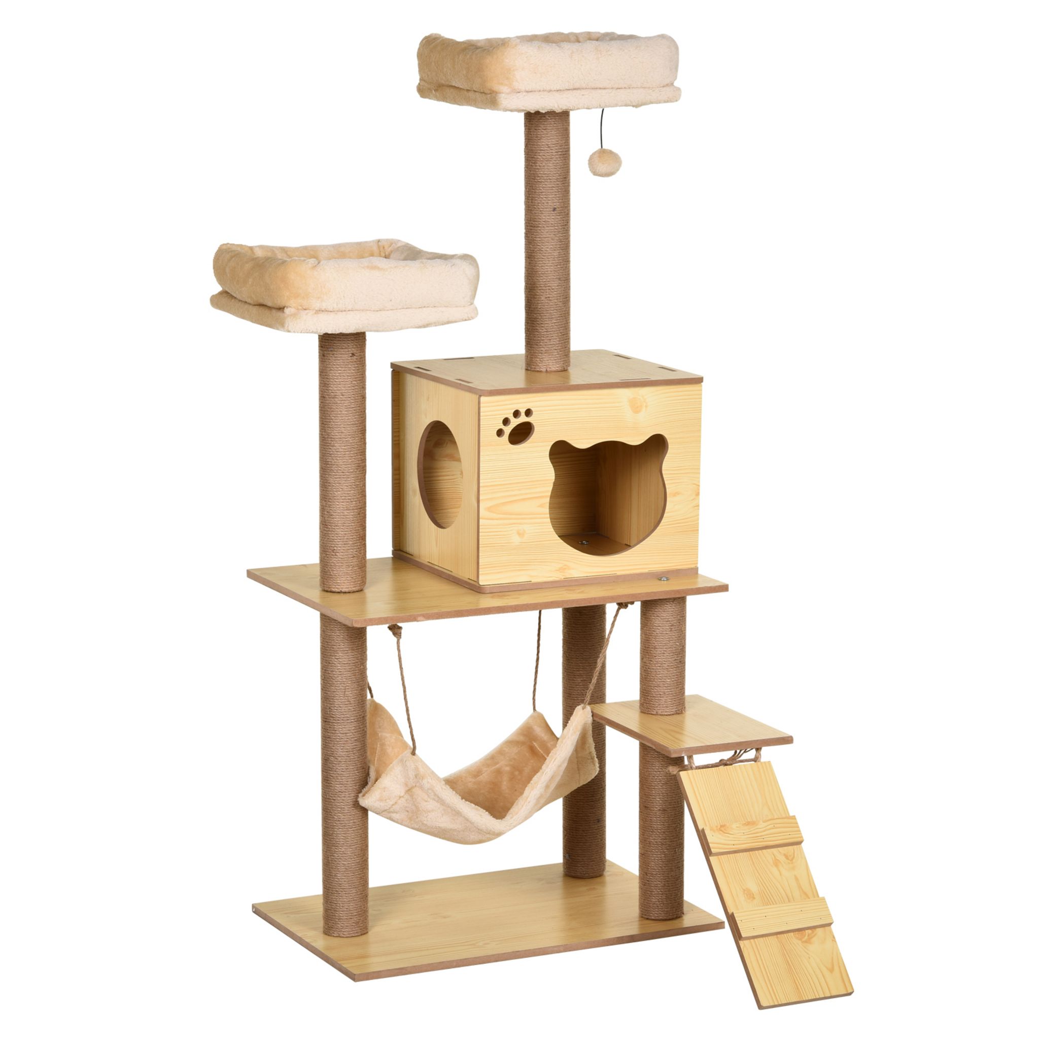 PAWHUT Arbre à chat style cosy chic griffoirs sisal naturel niche 2 paniers  avec coussins plateforme 2 boules suspendues quenouille peluche courte