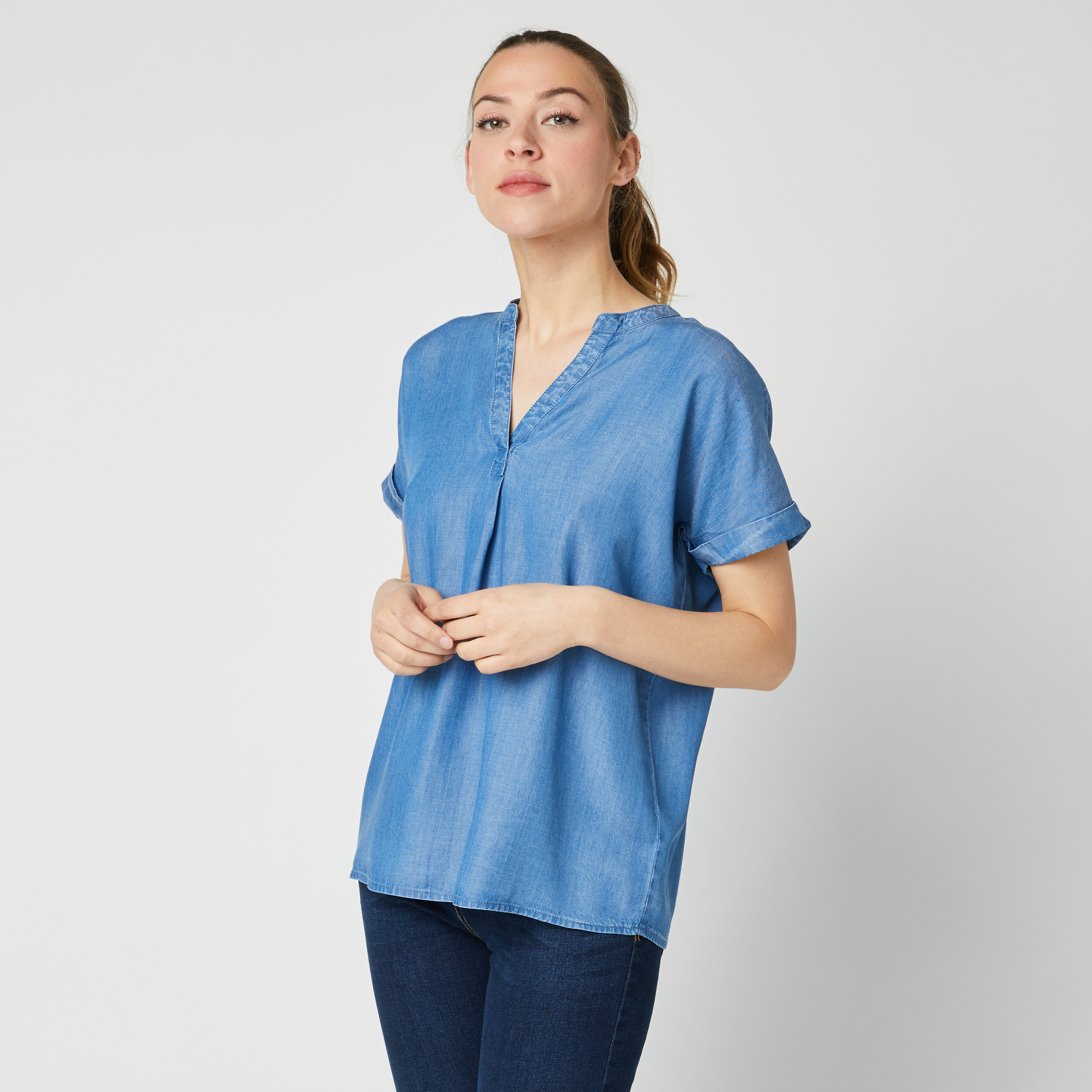 INEXTENSO Blouse manches courtes vareuse col v en jean femme pas cher Auchan