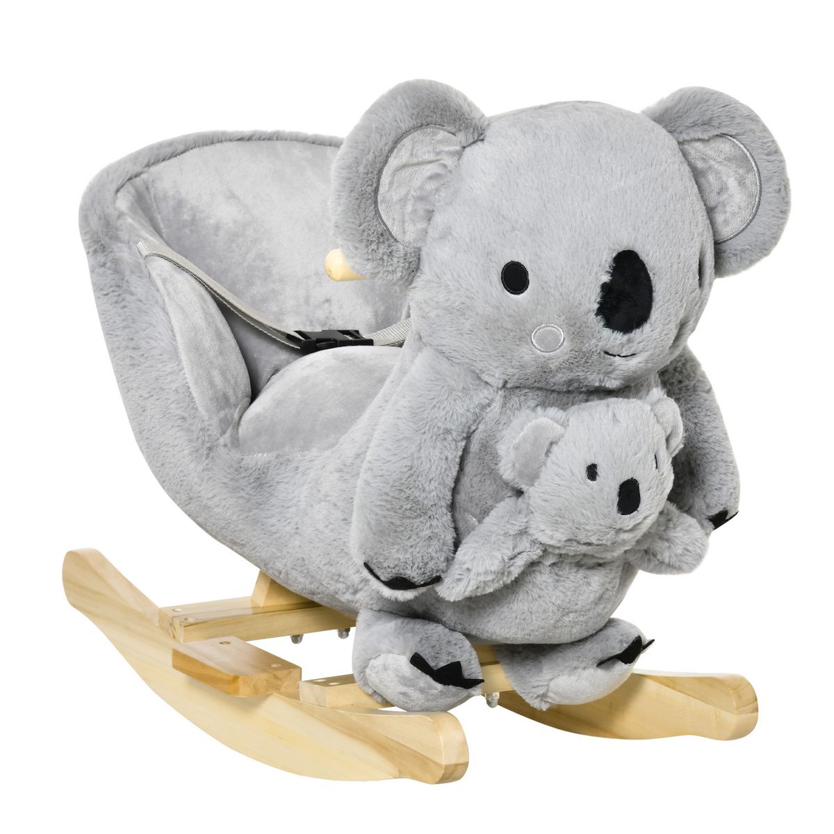 HOMCOM Jouet à bascule koala avec marionnette - effet sonore rugissement -  fauteuil intégré, ceinture de sécurité - bois peuplier peluche courte  polyester gris pas cher 