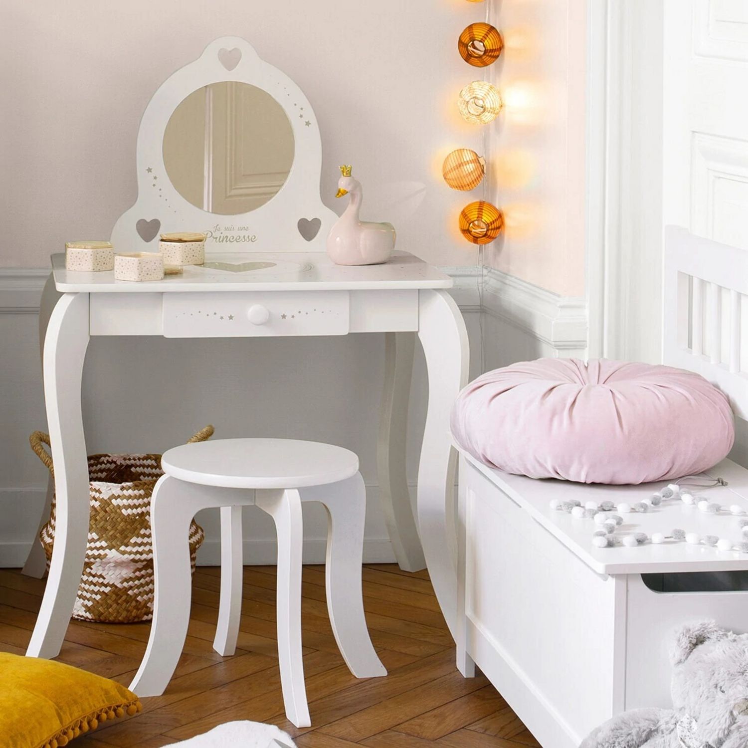 ATMOSPHERA Coiffeuse enfant 1 tiroir avec miroir et tabouret JASMINE pas  cher 