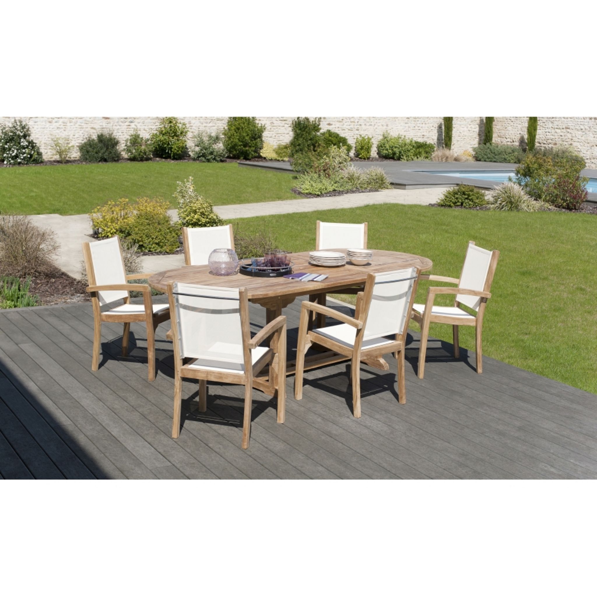 HARRIS - SALON DE JARDIN EN BOIS TECK 2 pers - Ensemble de jardin - 1 Table  carrée pliante 70 cm et 2 chaises textilène taupe