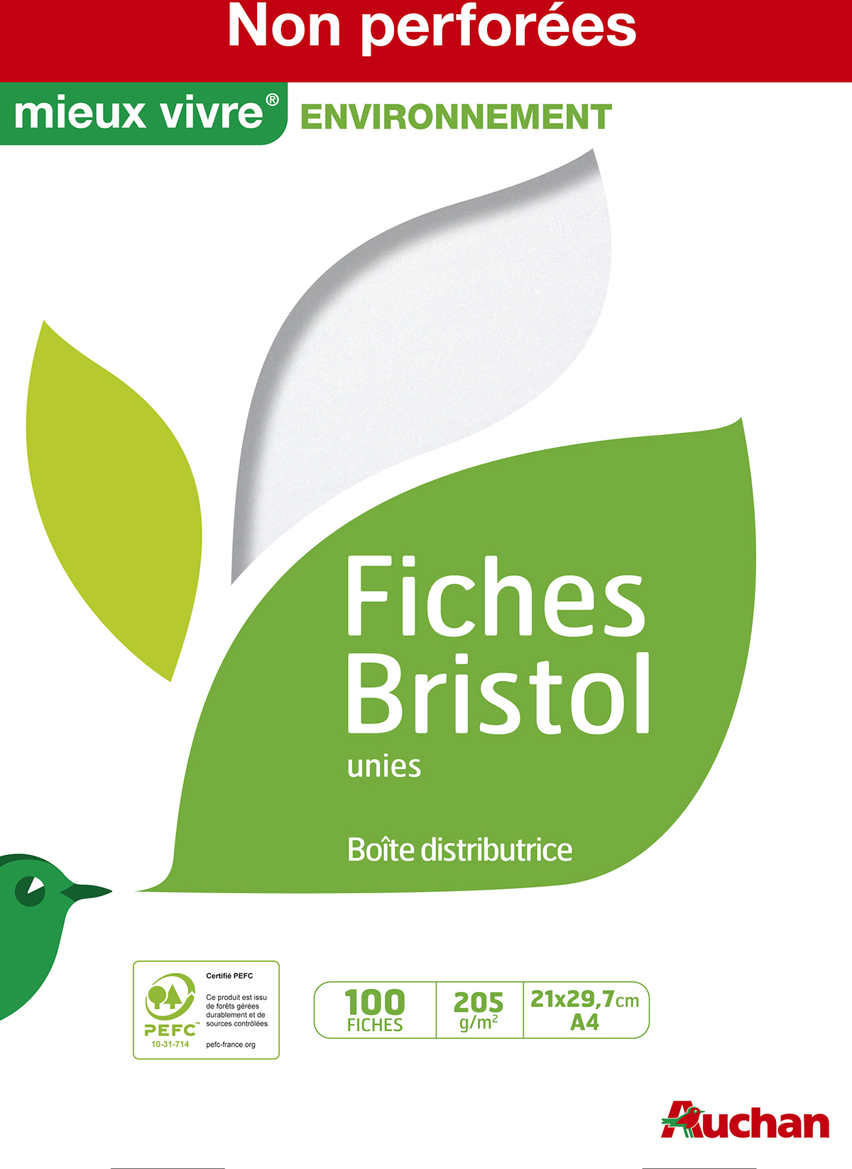 AUCHAN Lot de 100 fiches bristol non perforées unies 21x29,7cm pas cher 