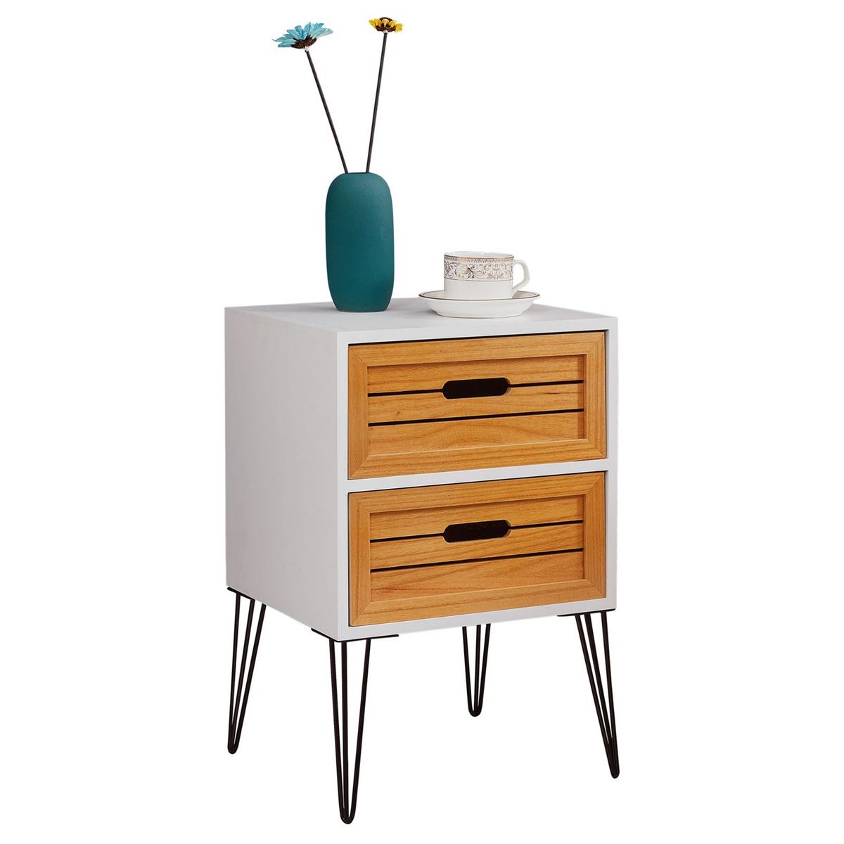 IDIMEX Table de chevet ESTORIL meuble de nuit avec 2 tiroirs de coloris blanc et bois naturel avec pieds épingle en métal noir