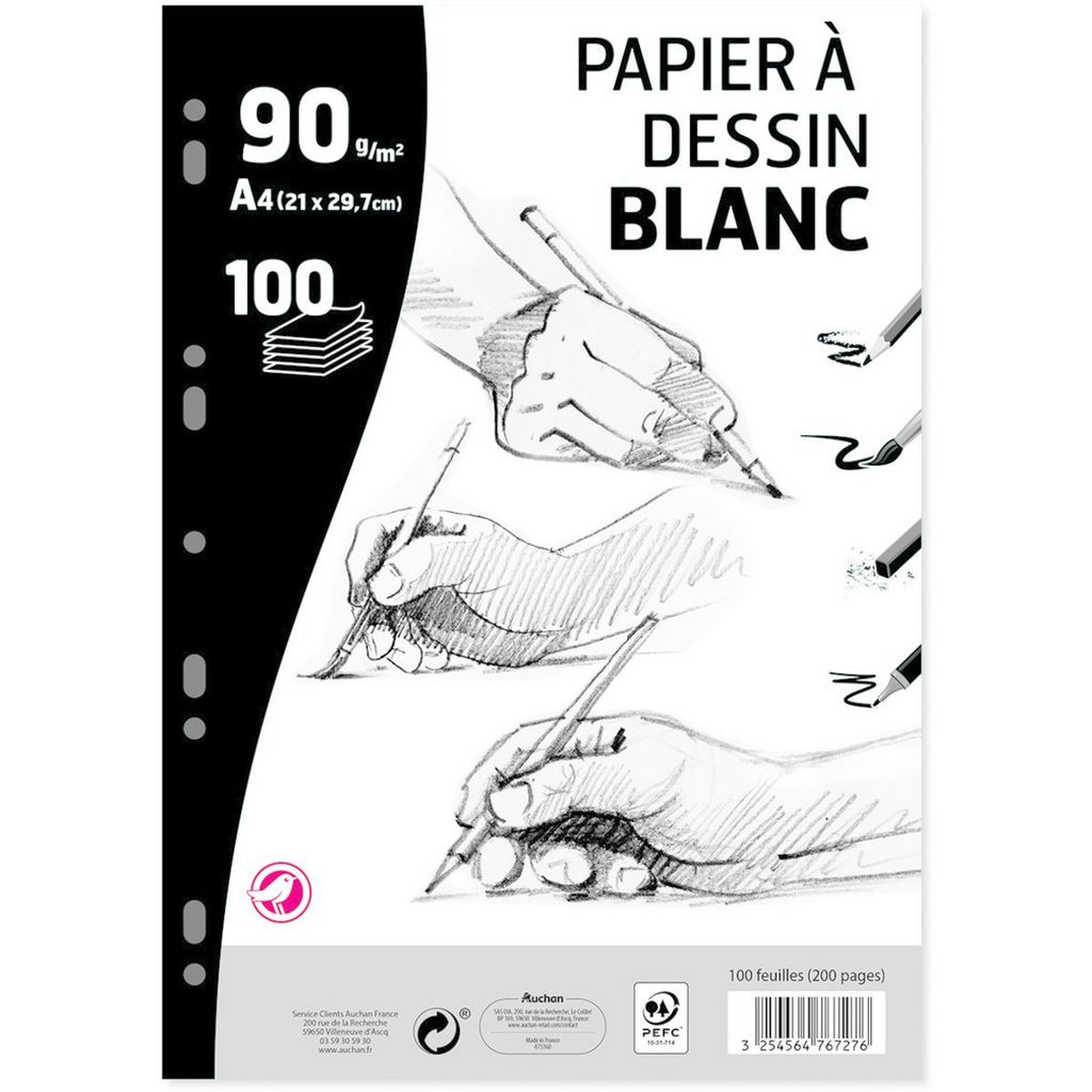 AUCHAN Bloc dessin de 30 feuilles A4 125g/m2 blanc pas cher 
