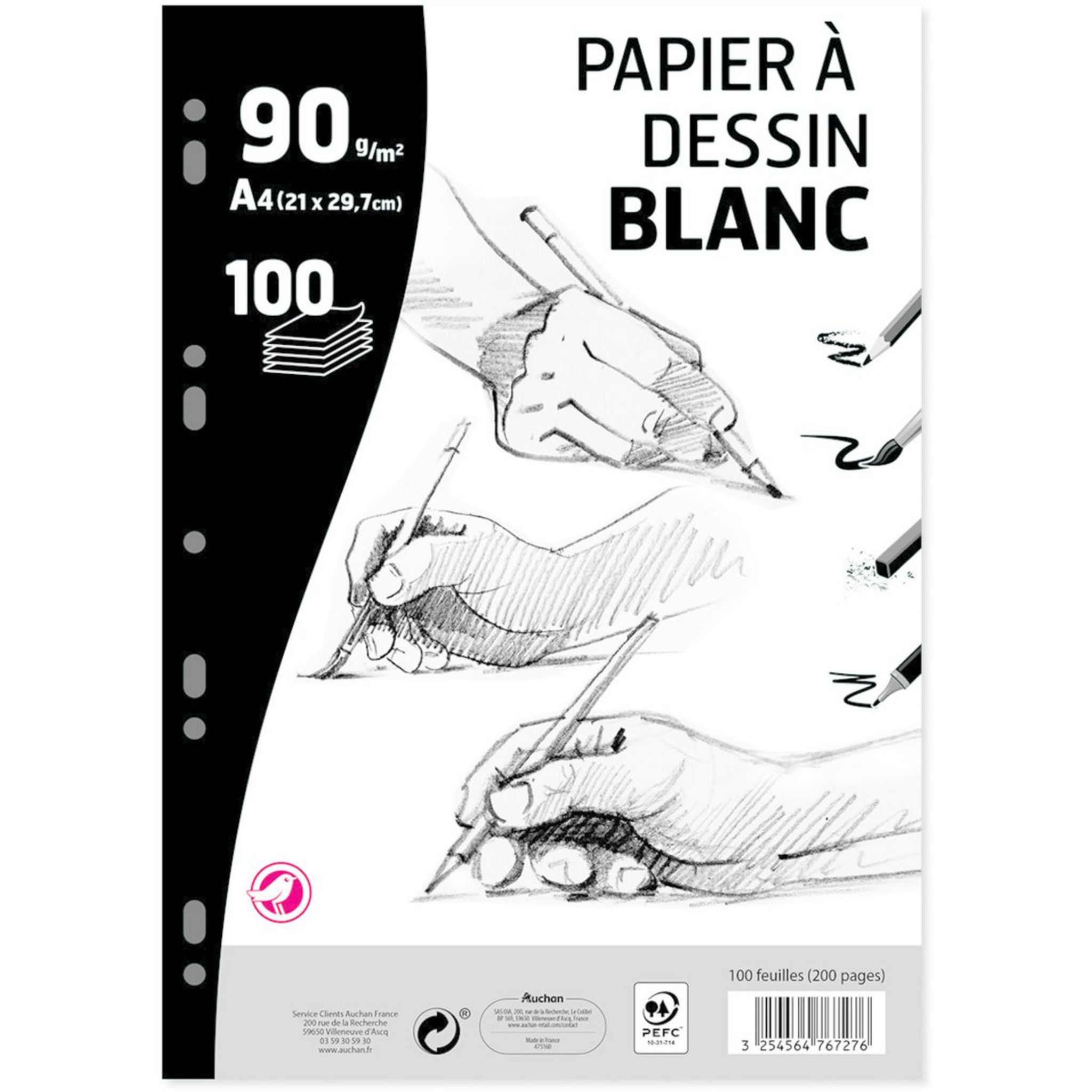 AUCHAN Bloc feuilles simples à dessin 100 feuilles A4 blanc uni