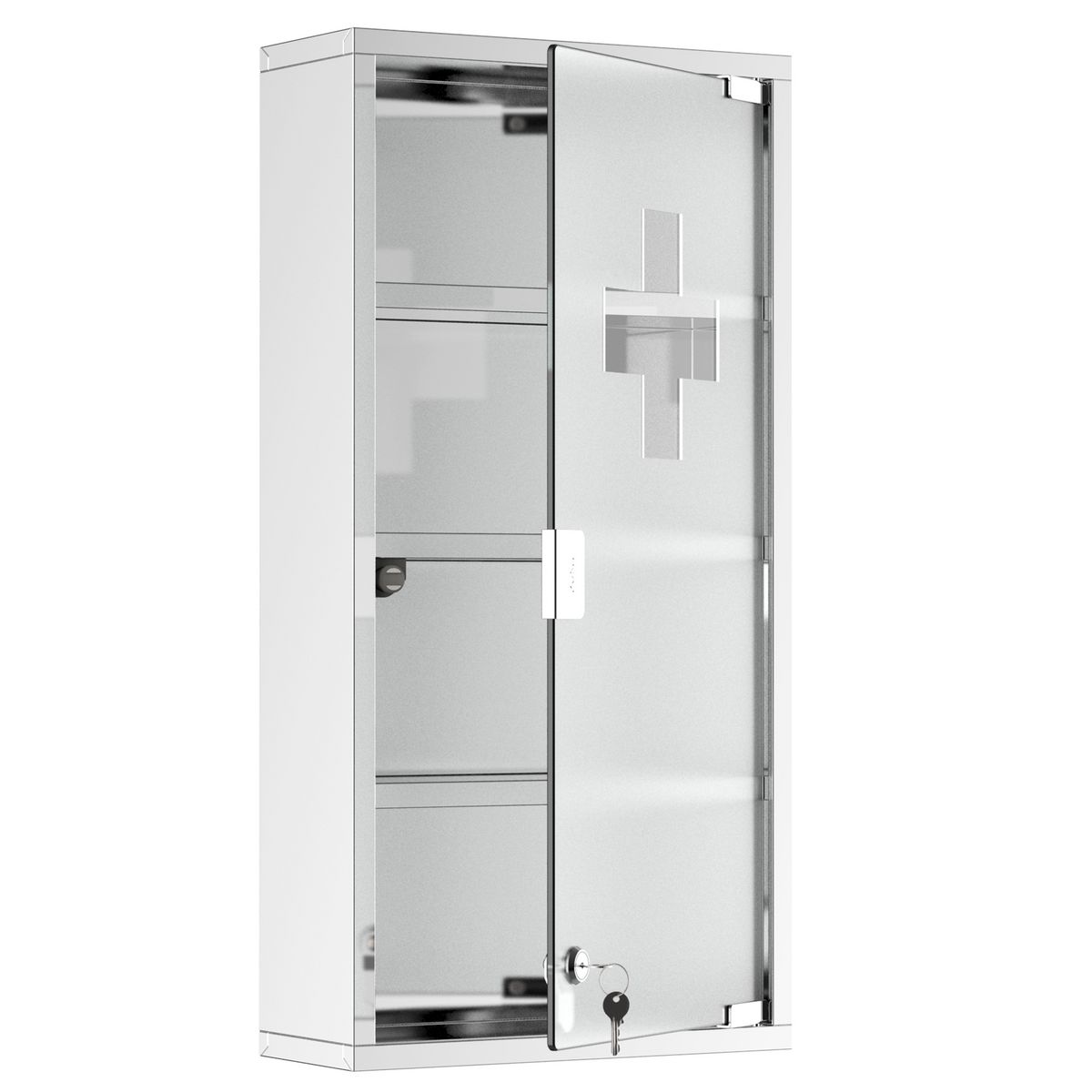 HOMCOM Armoire à pharmacie 3 étagères 4 niveaux 30L x 12l x 60H cm porte  verre trempé symbole croix acier inoxydable brossé pas cher 